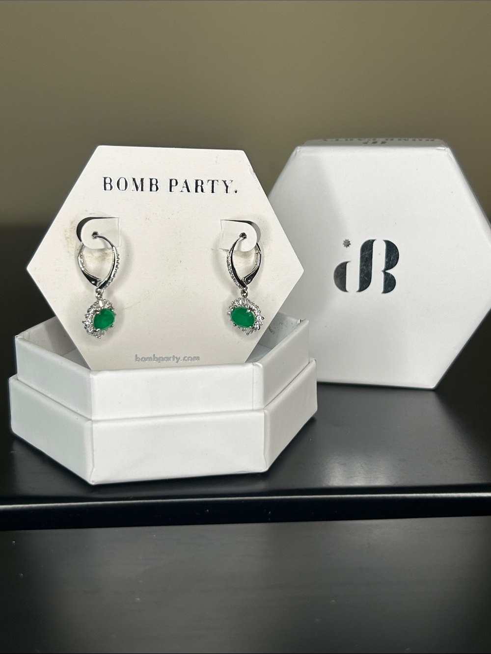 Bomb Party Found My Forever - Silver Drop Earrings with Green Stones